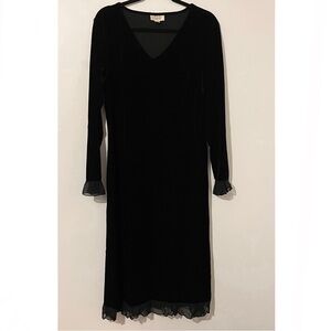 Talbots Black Velvet Velour Long Sleeve Dress Size Large Sheer Ruffle Y2K Style